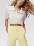 Fashionkova Wolfeel Summer New Polo Collar Hollow Knitted Short Sleeved Sweater Women's Bubble Sleeve T-shirt Female Simple Knitted Sweater Casual Outfit