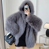 Fashionkova Fashion Hooded Faux Fox Fur Jacket Women Winter Warm Furry Jackets New Streetwear Loose Casual Gray Coats Female Outerwears ootd
