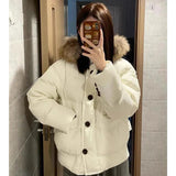 Fashionkova party look inspos Women's Cropped Down Jacket Big Fur Collar Buttoned Topcoat Solid Coat Female Thickned Warm Short Jacket 2024 Winter