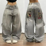 Fashionkova American Y2K New Fashion Pattern Embroidery Loose Jeans Men Street Casual Joker Mopping Oversized Wide-leg Pants Couple Jeans Casual Outfit