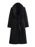 Fashionkova party look inspos Women Elegant Faux Fur Collar Woolen Overcoat Fashion Solid Lapel Single Breasted Belt Long Coats New Lady High Streetwear