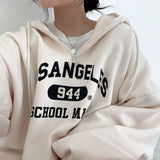 Fashionkova Vintage Letter Print Half Zip Oversized Hoodie