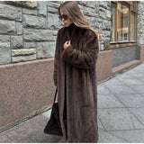 Fashionkova party look inspos Dark Brown Faux Fur Long Overcoat For Women Fashion Lapel Single Breasted Loose Fluffy Plush Warm Coat Winter Thicken Outerwear