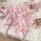 Fashionkova  party look inspos Autumn Kawaii Lolita Style Pink Skirt Sets Women Sweet Lace Bandage Tank Top Cute Mini Cake Skirt Chic Jacquard Relief Rose Suit