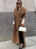 Fashionkova Party Outfit Vintage Turn-down Collar Long Coats With Belts Women Casual Double-Breasted Shoulder Pads Maxi Coat Autumn Elegant Chic Outwear