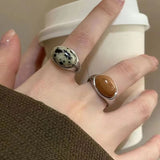 Fashionkova Kpop Fashion Vintage Tiger Eye Stone Brown Round Open Rings For Women Girls Aesthetic Punk Grunge Trendy Jewelry Gift wholesale