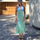 Fashionkova Women Y2k Floral Deep V Neck Maxi Dress Sleeveless Patchwork Long Dress Going Out Flowy Sundress Trendy Beach Wear Fairycore Outfit Idea