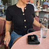 Fashionkova Combhasaki Women's Y2K Chic Cable Knitwear Cardigans Striped Short Sleeve Button-down Round Neck Cropped Slim Fit Sweater Tops Casual Outfit