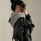 Fashionkova  Nye Outfit Fashion Hooded Loose Leather Jackets Women Fashion Faux Leather Coats Spring Autumn Korean PU Jackets
