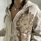 Fashionkova Vintage Floral Graphic Zip Up Hoodie