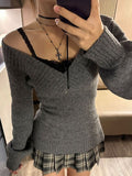 FashionKova-vintage outfits 2024 Chic Women Solid Color Fall Winter Knitted Sweater Sexy Slim Casual V-neck Pullover Y2K Harajuku Retro Aesthetic Streetwear