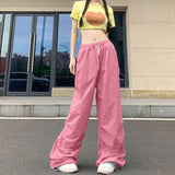 Fashionkova Party Outfit Rimocy High Waist Summer Cargo Pants Women Streetwear Drawstring Thin Parachute Pants Woman Solid Color Wide Leg Y2k Trouses