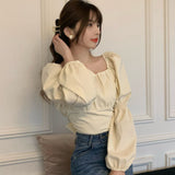 Fashionkova Elegant Blouses Women Sweet Puff Sleeve Bow Bandage Shirts Korean Streetwear Vintage Square Neck Lace Up Slim Casual Crop Tops ootd