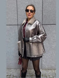 Fashionkova party look inspos 2024 Silver Fur Leather Patchwork Lapel Coat Women New Single Breasted Pockets Long Sleeve Jackets Chic Female Streetwear