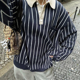 Fashionkova 90s Polo Collar Striped Loose Sweatshirt