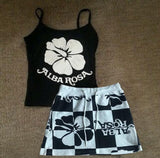 Fashionkova 90s Vintage Versatile Black and white patchwork Letter flower printing Y2K Drawstring belt High Street Sexy Slim emo Short Skirt Fairycore Outfit Idea