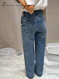 Fashionkova Casual Bead Jean Women Loose High Waisted Pockets Zipper All-match Straight Leg Trouser Female 2025 Y2k High Street Lady Outwear