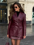 Fashionkova party look inspos Retro Burgundy Lapel Slim Leather Jacket Woman Fashion Double Breasted Pocket Long Sleeve Suit Coat 2025 Chic Ladies Streetwear