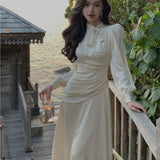 Fashionkova  party look inspos Elegant Stain Midi Dresses for Women Long Sleeve O-neck Bow Tie A-line Korean Fashion Chic Vestidos Folded Design Party Prom