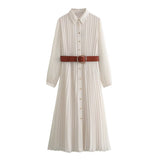 Fashionkova 2025 Spring New Product Women's Fashion Casual Slimming Flip Collar Long Sleeves with Belt Midi pleated Dress Valentine's Day Aesthetic
