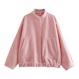 Fashionkova Woman's Oversized Bomber Jacket Autumn New Round Neck Long Sleeve Pocket Hidden Button Loose Jackets Coat Female Outerwear fairycore