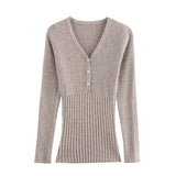 Fashionkova 2025 Autumn New Product Women's Fashion Slimming Pearl Button High Elastic Core Yarn Knitted Top Valentine's Day Aesthetic