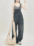 Fashionkova  Party Outfit  Women's Casual Blue Overalls Fashion Wide Leg Girl Suspender Jumpsuits Pants Female Streetwear Rompers Straight Denim Trouser