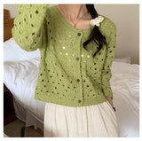 Fashionkova Long Sleeve Crochet Top for Women Sheer Button Up Hollow Out Openwork Knit Cardigan Jacket Spring Summer Boho Vacation Outfit Casual Outfit