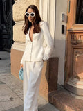 Fashionkova Party Outfit Women White 2 Pieces Set Deep V-neck Single Breasted Blazer Coat High Waist Pants Female Chic 2024 Autumn Office Lady Outfits