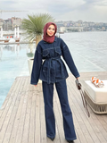 Fashionkova Retro Belt Denim Pants Set Women Lapel Pockets Long Sleeved Jacket Zipper Straight Leg Jeans 2025 Spring High Street Female Sets