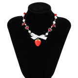 Fashionkova Korean Cute Red Strawberry Pendant Collar Necklace Gothic Y2K Heart Shaped Imitation Pearl Chain Choker Trend Jewelry