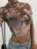 Fashionkova Angel Print MeshSexy T Shirt Crop Top High Neck Short Sleeve Graphic Tees Women Streetwear Harajuku Shirts Hot Sale Spring Style 2025