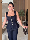 Fashionkova Street Denim Pants Set Women Sleeveless Single Breasted Slim Square Collar Tank High Waist Straight Jeans 2025 Summer Lady Suit