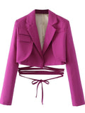 Fashionkova Valentine's Day Aesthetic Articat Gray Double Layer Bandage Slim Blazer Women Long Sleeve Pocket Short Jacket Female Notched Collar Outwear Tops 2021 New