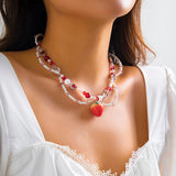 Fashionkova Ingemark Kpop Sweet Imitation Pearl Chain Strawberry Pendant Necklace for Women Wed Bridal Love Heart Choker Aesthetic Jewelry