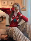 Fashionkova  Vintage V Neck Sweater Women Coquette Diamond Patterned Knitted Pullover Sweet Christmas Sueter Mujer Long Sleeve Tops ootd