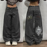 Fashionkova Y2k Gothic Heavy Industry Pocket Skull Embroidery Mid Rise Mens and Womens Harajuku Streetwear Punk Casual Wide Leg Washed Jeans