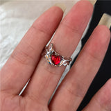 Fashionkova Goth Punk Retro Red Crystal Love Heart Cross Geometry Irregular Open Ring Set Y2K Halloween Accessories For Women Kpop Jewelry