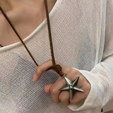 Fashionkova Kpop Punk Y2K Star Pendant Leather Rope Sweater Chain Adjustable Pentagram Long Necklace For Women Men Jewelry Charm Accessories