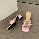 Fashionkova 2025 Spring and Summer New French High Sense Satin Bow Thick Slippers Women Fashion High Heels ootd outfit idea