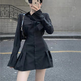 Fashionkova party look inspos Black Shirt Dress Women Elegant Vintage Long Sleeve Pleated Dress Sexy Gothic Y2k Turn Down Collar Casual Mini Vestidos