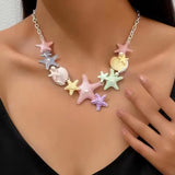 Fashionkova New Boho Enamel Drip GlazeColorful Starfish Shell Pearl Pendant Clavicle Chain Choker Necklace For Women Aesthetic Beach Jewelry