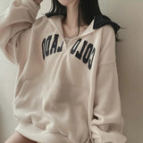 Fashionkova Vintage Solid Color Letter Print Half Zip Up Hoodie