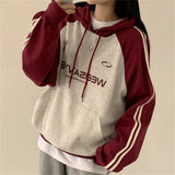 Fashionkova Vintage Logo Print Raglan Striped Sleeve Hoodie