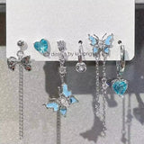 Fashionkova 6Pcs/Set Fashion Blue Crystal Star Cross Zircon Heart Chain Drop Earrings Set Women Y2K Jewelry Scene Accessories Gift Brincos