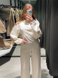 Fashionkova Party Outfit Casual Solid Top Pants Women Set Fashion Long Sleeve O-neck Pleated Tops Wide Leg Trousers 2024 Autumn Vacation Lady Suit