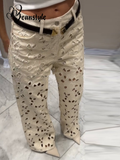 Fashionkova Hole White High Waist Women's Jean Fashion Flower Hollow Out Loose Female Denim Trousers 2025 Spring Summer Streetwear Jeans