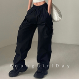 Fashionkova Party Outfit American Workwear Pants Women Loose Solid Elastic High Waist Drawstring Pockets Versatile Trend Sports Casual Wide Leg Trousers