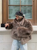 Fashionkova party look inspos Women's Brown Big Lapel Faux Fur Fury Fashion Fluffy Long Sleeved Thick Warm Fury Jacket 2024 Winter Lady Casual Street Outwear