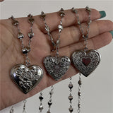 Fashionkova Sweet Cool Heart Chain Necklace Women Fashion Trend Carved Old Vintage Palace Style Openable Heart Photo Frame Pendant Necklace